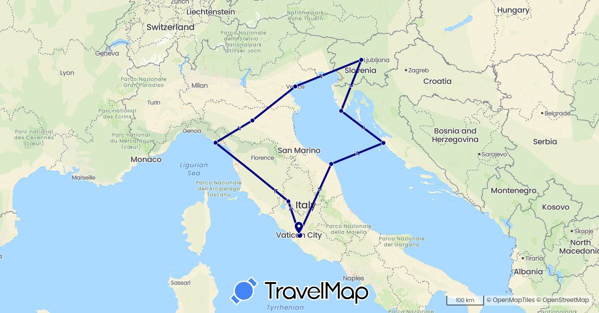 TravelMap itinerary: driving in Croatia, Italy, Slovenia, Vatican City (Europe)