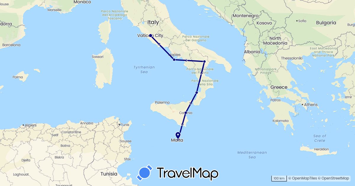 TravelMap itinerary: driving in Italy, Malta (Europe)