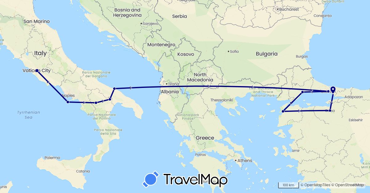 TravelMap itinerary: driving in Italy, Turkey (Asia, Europe)
